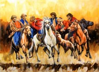 Momin Khan, 36 x 48 Inch, Acrylic on Canvas, Buzkashi Painting, AC-MK-139